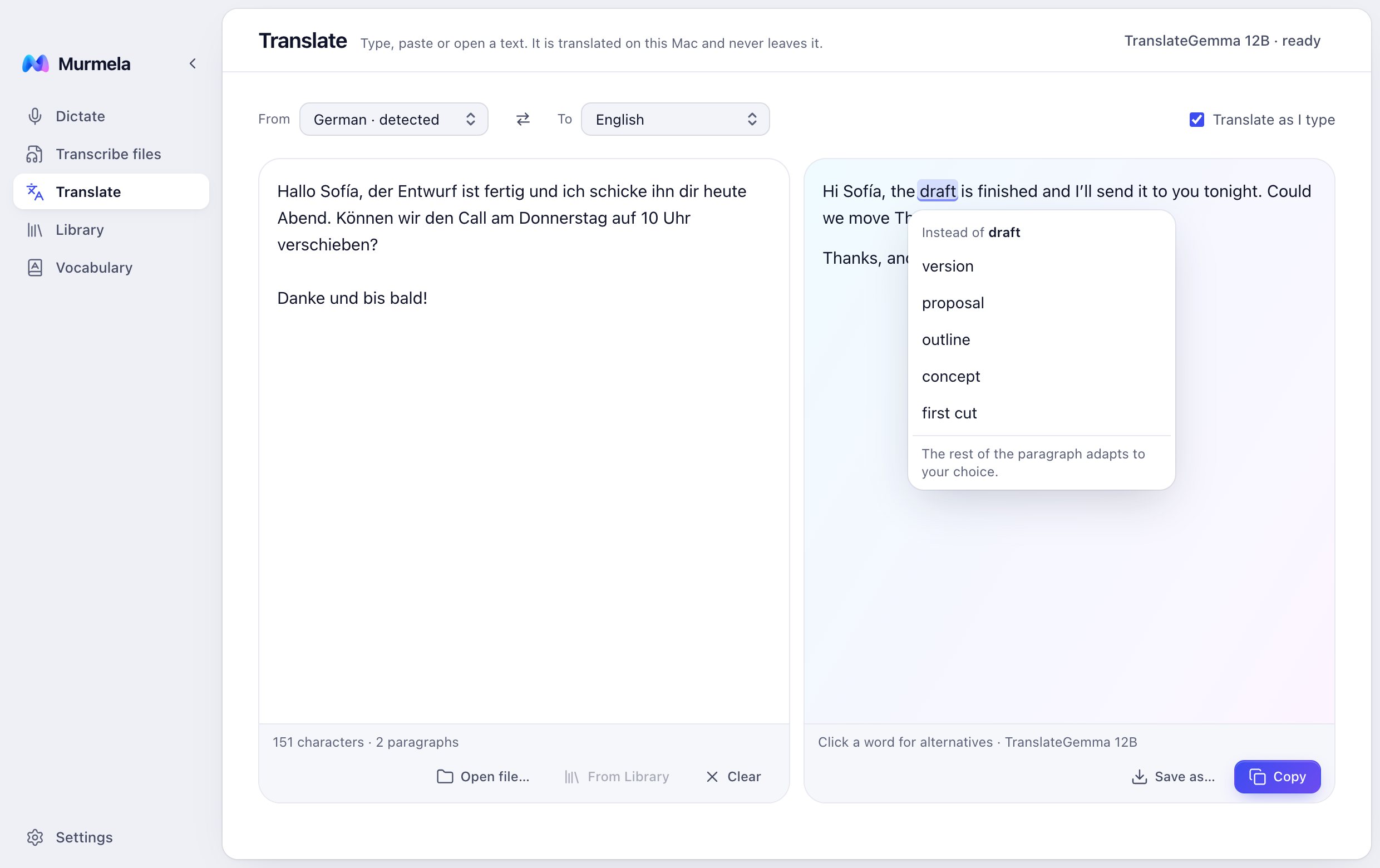 Murmela's Translate screen: German text on the left, the English translation on the right with a menu of alternatives for the word 'draft'